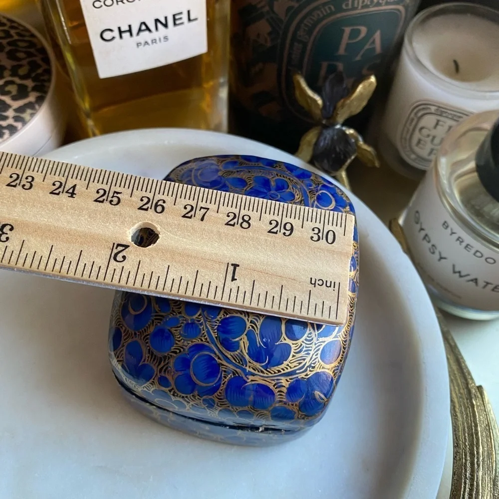 Vintage blue and gold handpainted lacquered trinket box
